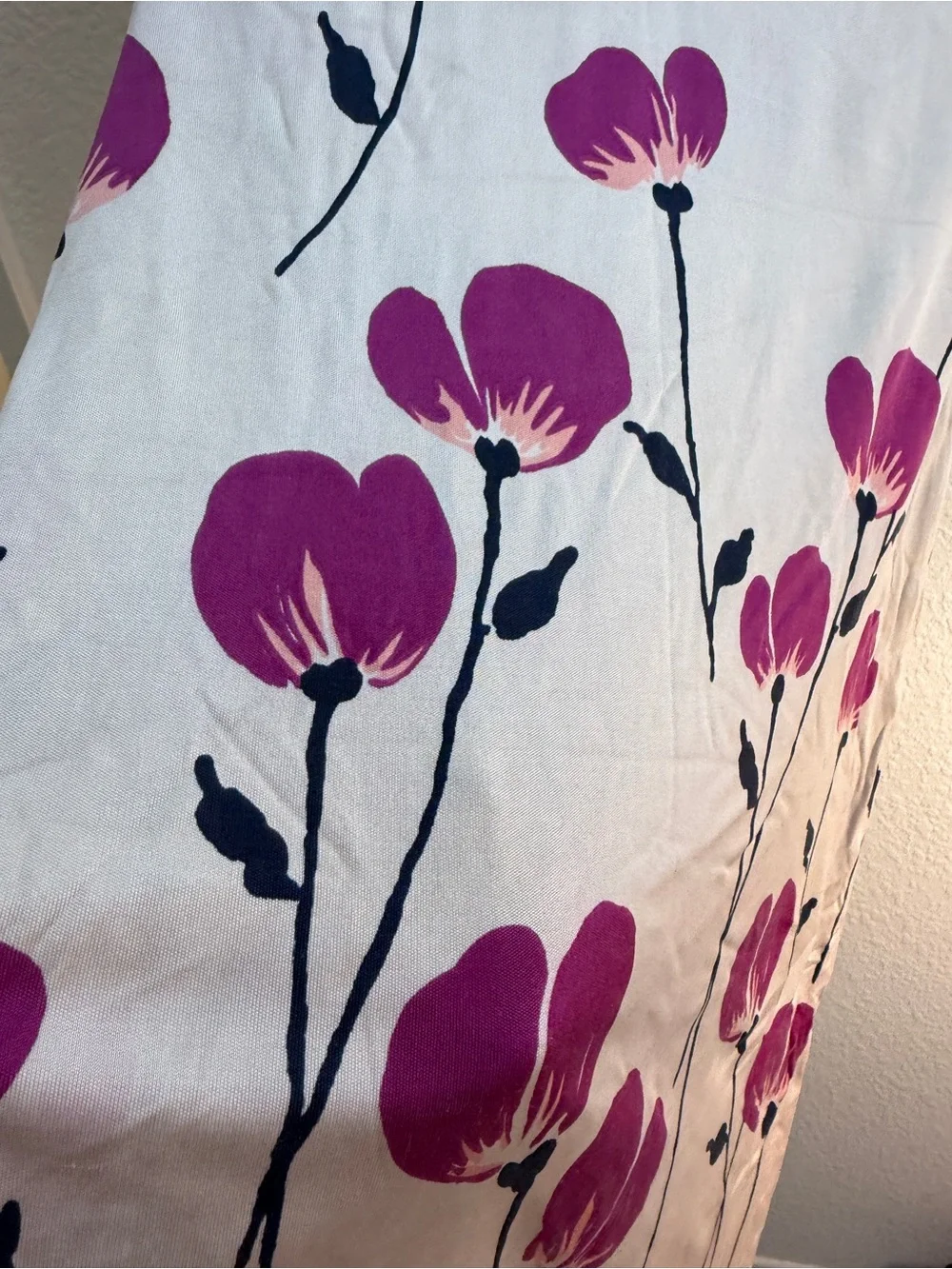Tory Burch 100%silk Beige Midi Dress with Magenta Floral and Navy Trim